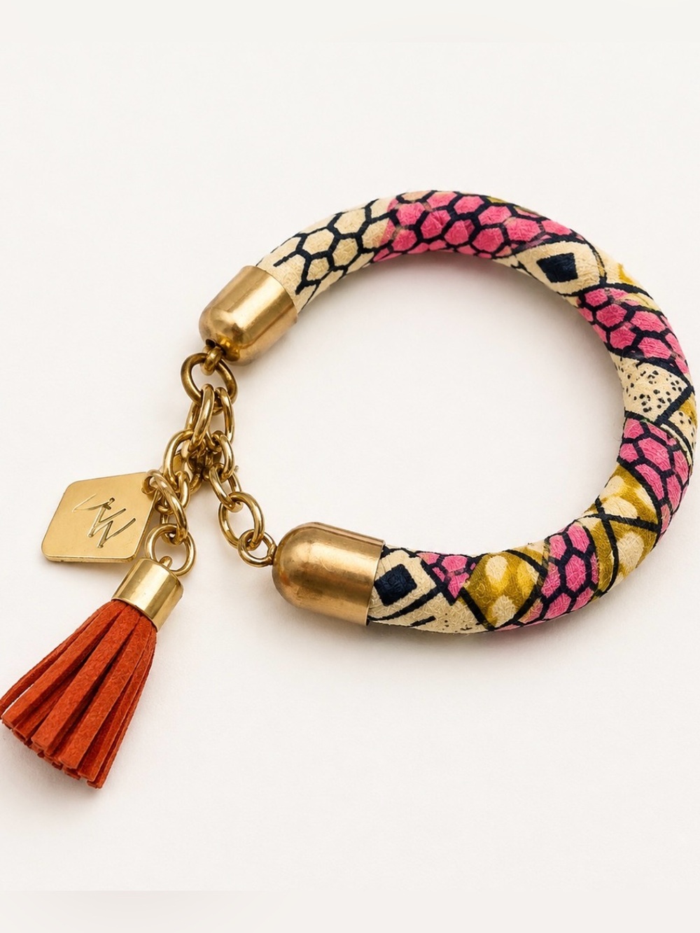 Boho Pink Gold Fabric Bracelet Suede Tassel Charm Florence Italy